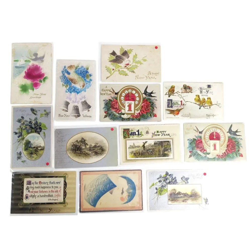 Lot 12 Antique Early 1900s Birds Landscape New Year Greeting Card Postcards Deco